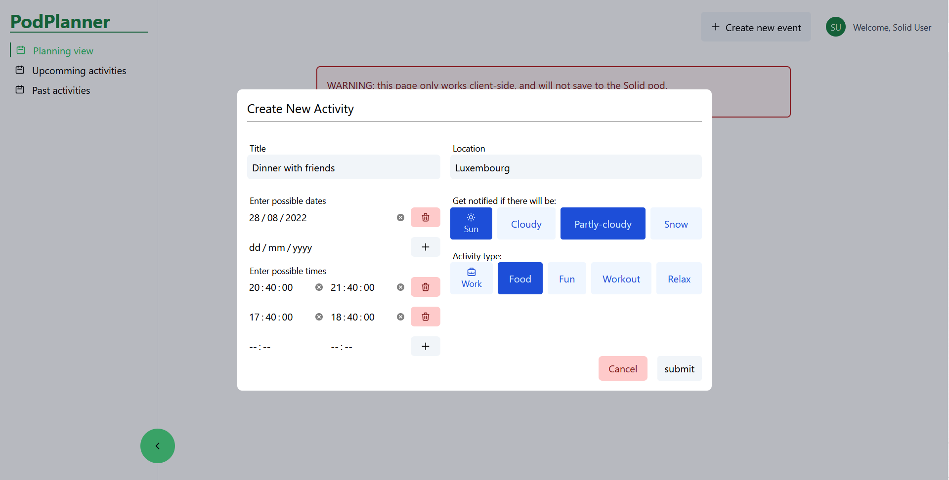 Screenshot of planning activity creation