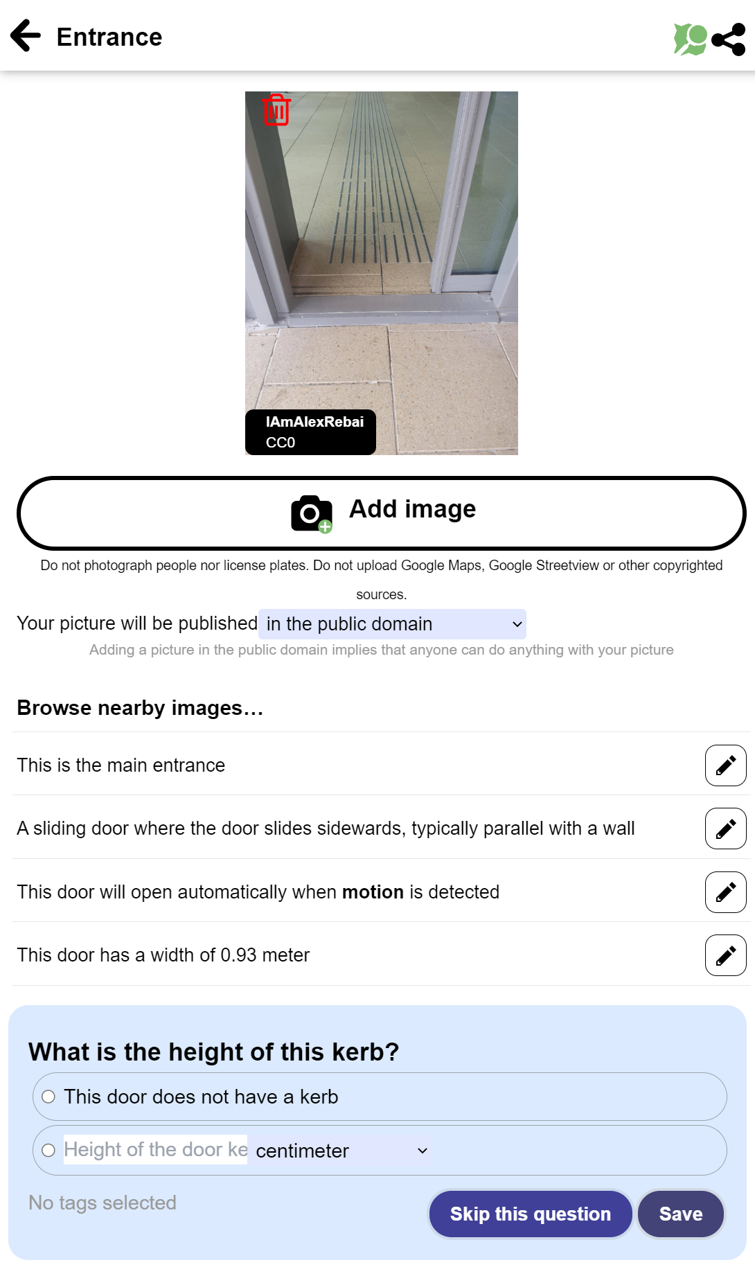 Screenshot with image of a door, a list of properties of the door and a question about the door kerb